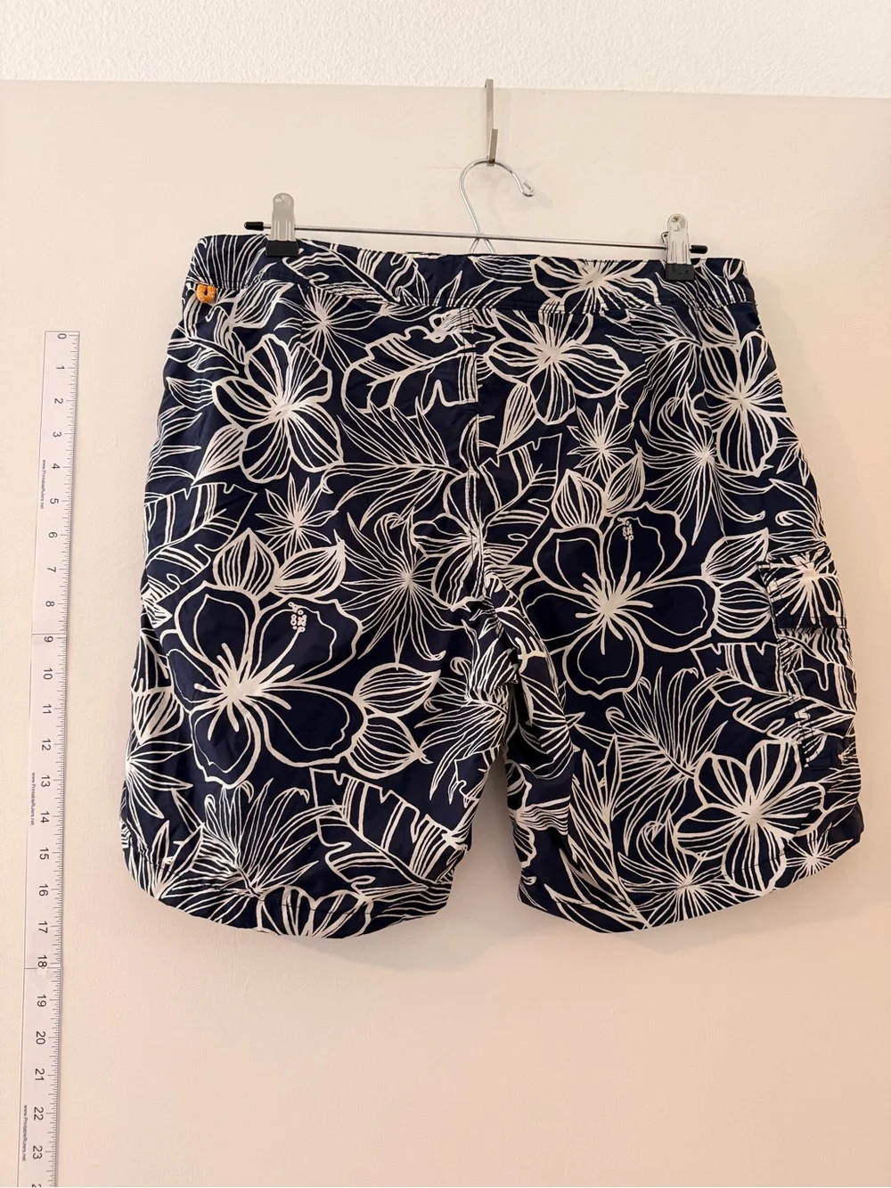 J. Crew Navy and White Floral Board Shorts with Orange Drawstring